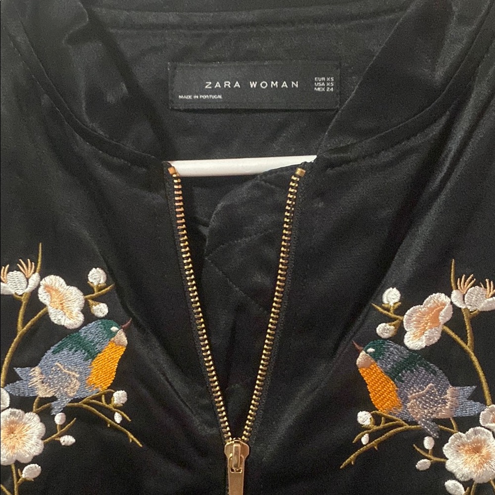 Zara Black and Orange Bomber Jacket with Embroidery